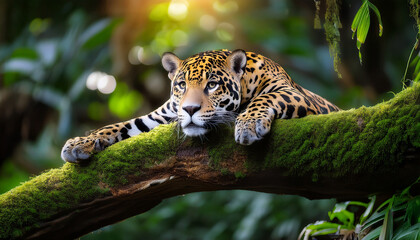 jaguar resting peacefully on a mossy tree branch in a lush jungle