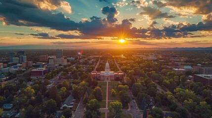 
Aerial view of Denver, Colorado skyline and Colorado Capitol at sunset. Denver is a consolidated city and county, the capital, and most populous city of the U.S. state of Colorado