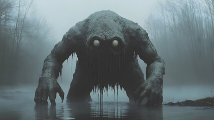 Terrifying Swamp Monster Emerging from Foggy Water in Creepy Forest with Glowing Eyes and Sludge-Covered Body