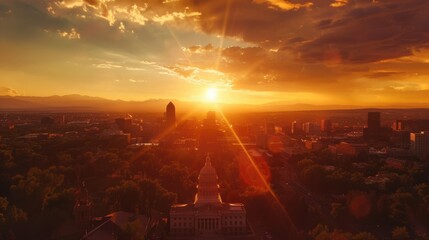 
Aerial view of Denver, Colorado skyline and Colorado Capitol at sunset. Denver is a consolidated city and county, the capital, and most populous city of the U.S. state of Colorado