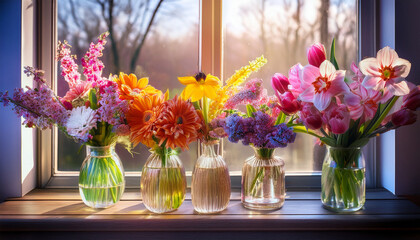 colorful spring flower bouquets in glass vases by the window