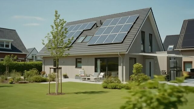 Contemporary house featuring rooftop solar panels and a vibrant green lawn, symbolizing sustainable living.