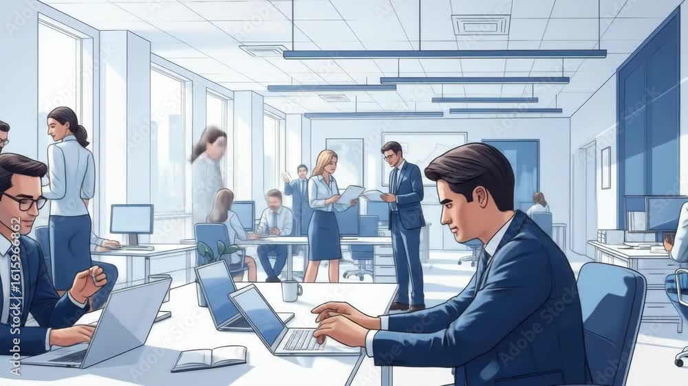 Poster diverse business team collaborating in modern office - a digitally illustrated scene depicts a bustl