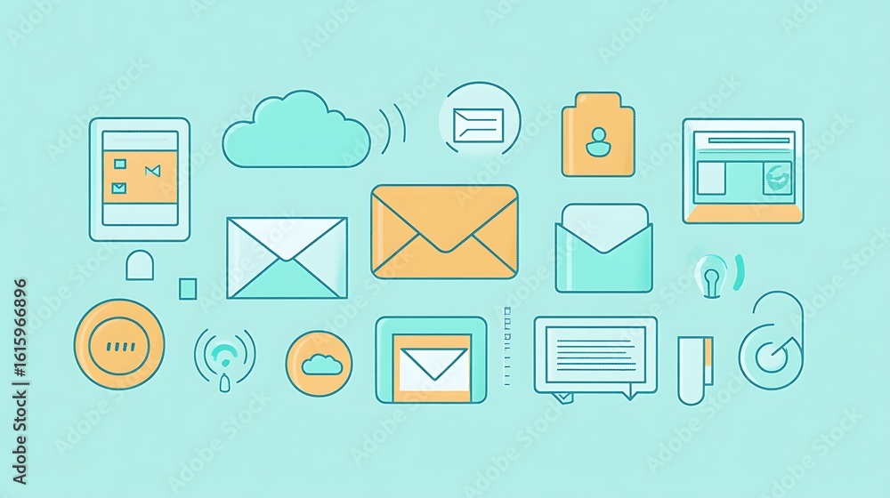 Poster flat communication icons including mobile messaging, email, and cloud tech on a soft mint background