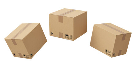 Three identical brand new brown cardboard delivery boxes, sealed with tape, floating dynamically in mid-air against a bright white background with copy space, soft omnidirectional lighting.