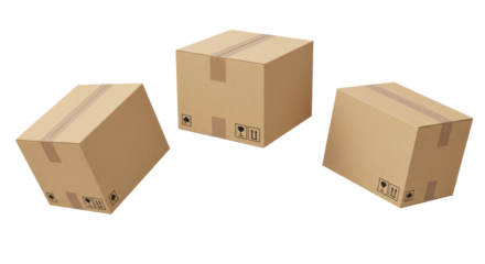 Three identical brand new brown cardboard delivery boxes, sealed with tape, floating dynamically in mid-air against a bright white background with copy space, soft omnidirectional lighting.