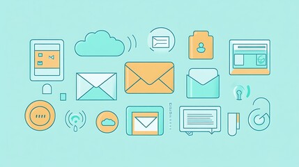 Flat communication icons including mobile messaging, email, and cloud tech on a soft mint background