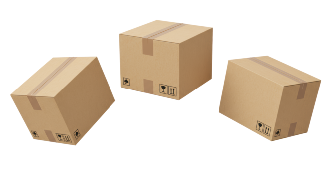 Three identical brand new brown cardboard delivery boxes, sealed with tape, floating dynamically in mid-air against a bright white background with copy space, soft omnidirectional lighting.