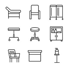 Fototapeta premium Medical Furniture Icons. Line style icons of Medical Office Furniture: examination table, waiting chair, privacy screen,