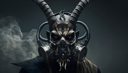 Post-Apocalyptic Warrior Wearing Gas Mask with Demonic Horns and Smoke Surround in Dark Sci-Fi Fantasy Environment