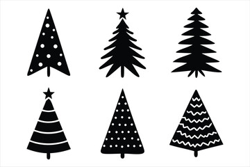 Fototapeta premium Collection of six stylized black christmas tree silhouettes isolated on white background