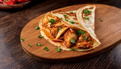 savory thin crepe filled with spicy chicken on a wooden board generative ai