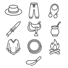 Obraz premium Gaucho Lifestyle Icons. Line style icons of Gaucho Lifestyle: gaucho hat, leather bombachas pants, boleadoras rope, facón knife,