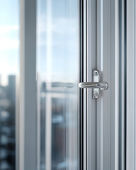 Close-up of a silver window latch on a white window frame.