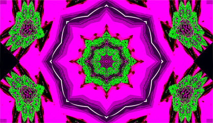 Vibrant mandala with star core in green and purple on bright pink. Symmetry meets dynamic geometry.