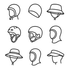 Water Sports Headwear Icons. Line style icons of Water Sports Headwear: neoprene surf cap, swim cap, sailing bucket, kayak helmet,