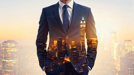 Businessman city skyline double exposure suit