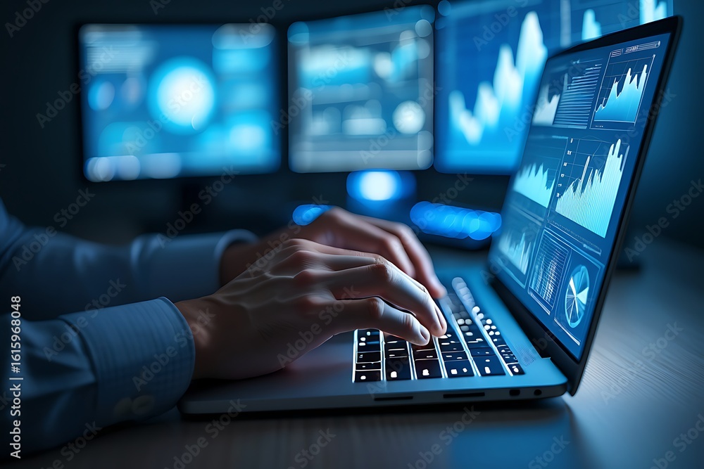 Poster close up of a person s hands typing on a laptop with glowing screens displaying financial charts and