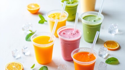 Fototapeta premium Assortment of colorful fresh juices and smoothies in clear cups with fruit and ice