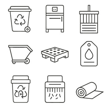 Waste Equipment Icons. Line style icons of Waste Handling Equipment: recycling bin, trash compactor, baler machine, scrap hopper,