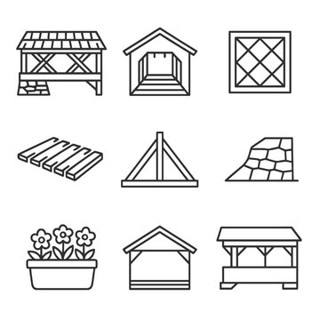 Covered Bridge Icons. Line style icons of Covered Bridges: timber truss frame, shingled roof, siding panel, portal entrance,