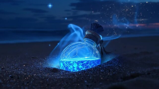 Enchanting blue glowing potion bottle with intricate patterns emits ethereal smoke and sparkling particles under a dark sky.