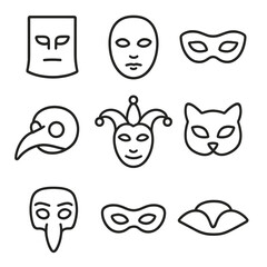 Obraz premium Venetian Mask Icons. Line style icons of Venetian Mask Collection: bauta mask, volto mask, colombina half mask, plague doctor beak