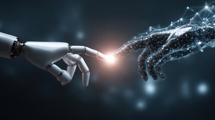 Artificial intelligence connection, human finger and robotic hand reaching out with light spark, representing futuristic science, big data networks, and machine learning evolution.