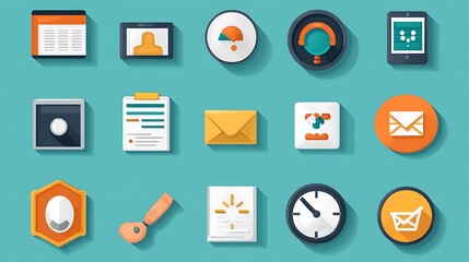 Flat-style icons representing communication through technology on a bright cyan background