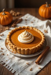 Freshly baked pumpkin pie with golden crust, whipped cream and cinnamon on wooden table Generative AI