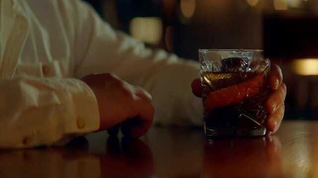 Beautiful Caucasian male sitting in a stylish restaurant, drinking cocktail. Shot with 2x anamorphic lens