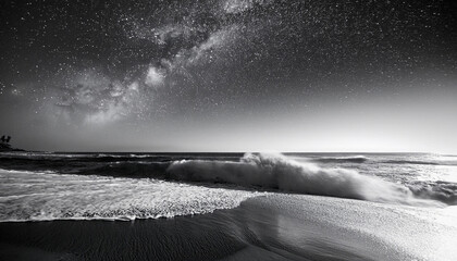 ocean wave crashing on the beach under a starry night sky with black and white tones