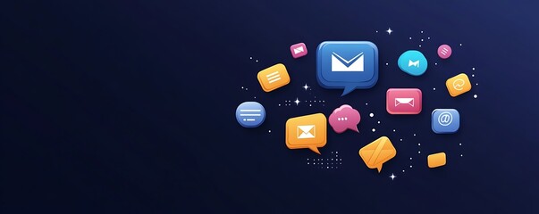 High-resolution communication icons including email, chat bubbles, and internet services on a deep navy background