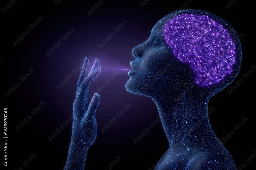 Poster unique artistic representation of a contemplative female figure with an illuminated brain structure 
