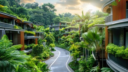 
Eco Community eco village with modern sustainable homes and walkways lined with greenery.