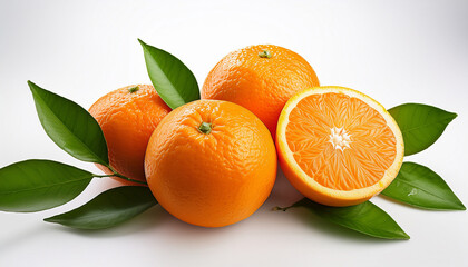 vibrant fresh oranges with lush green leaves on a pristine white background