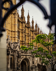 Gotycka fasada Pałacu Westminsterskiego z detalem architektonicznym portalu wejściowego, widziana przez ozdobne żelazne ogrodzenie. © marcin_ciak