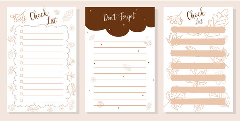 Set of autumn brown planner note template, daily, weekly planner, decorated with maple leaves, schedule and organization