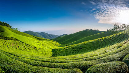 lush green tea plantation hills under a clear sky ideal for agricultural and sustainability themes related to earth day and environmental conservation high quality