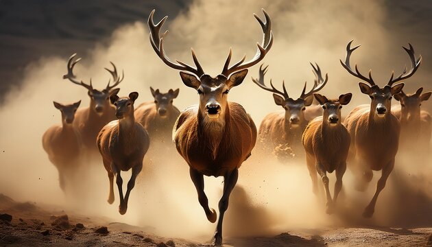 a herd of stags running through a cloud of dust a cinematic and stylized composition