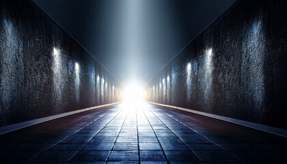 a glowing ethereal corridor with dark textured walls leading to a bright light source