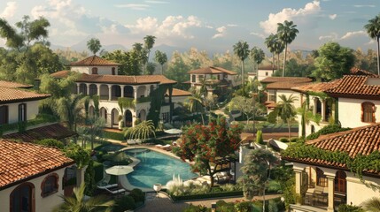 
Housing Luxury residential villas with private pools and lush landscaping.