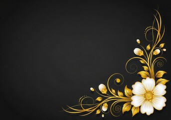 Elegant gold floral corner ornament with white flowers on black