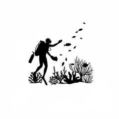 Silhouette of a diver guiding fish away from floating trash