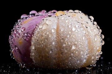 Close up of a colorful flower bud covered in sparkling water droplets