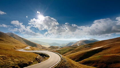 business mindset with goals and focus concept a winding road through stylized hills under a blue sky with clouds