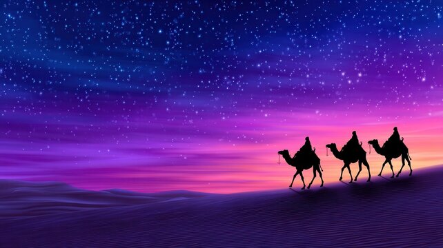 Three wise men journeying on camels across a vast desert, illuminated by a starry night sky, embodying hope and faith