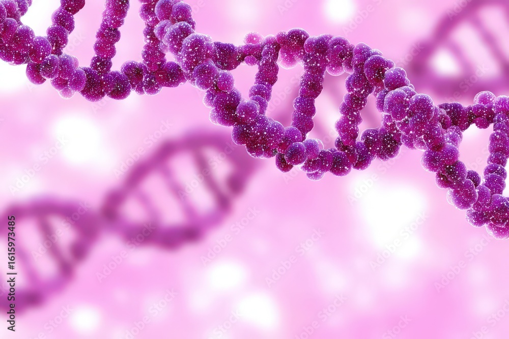Poster intricate visualization of double helix dna structure illuminated by glowing purple elements against