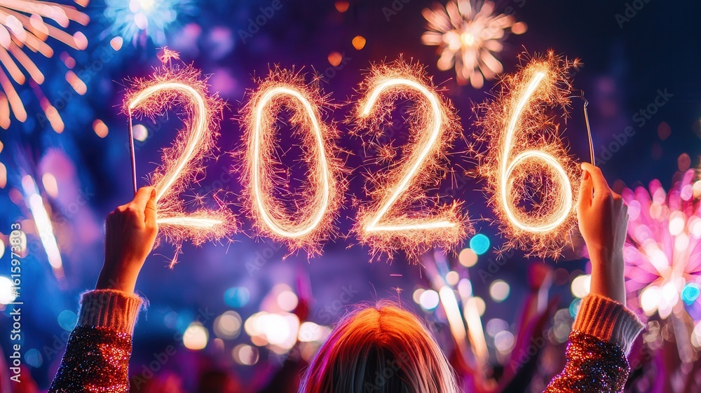 Poster gleaming golden 2026 digits with sparkling texture resting on reflective surface, surrounded by colo