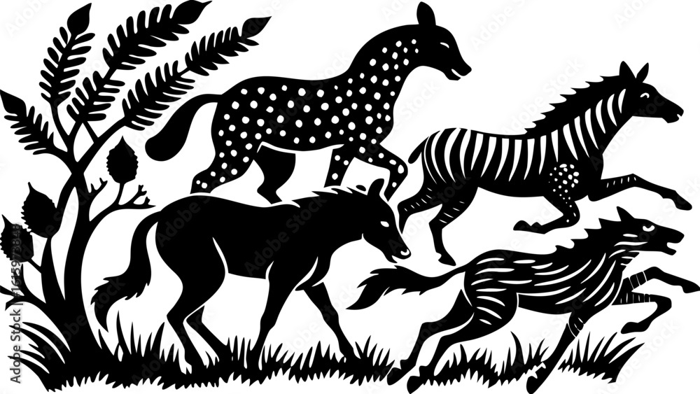 Poster vector silhouette illustration of a group of four running animals with unique patterns near a tree a